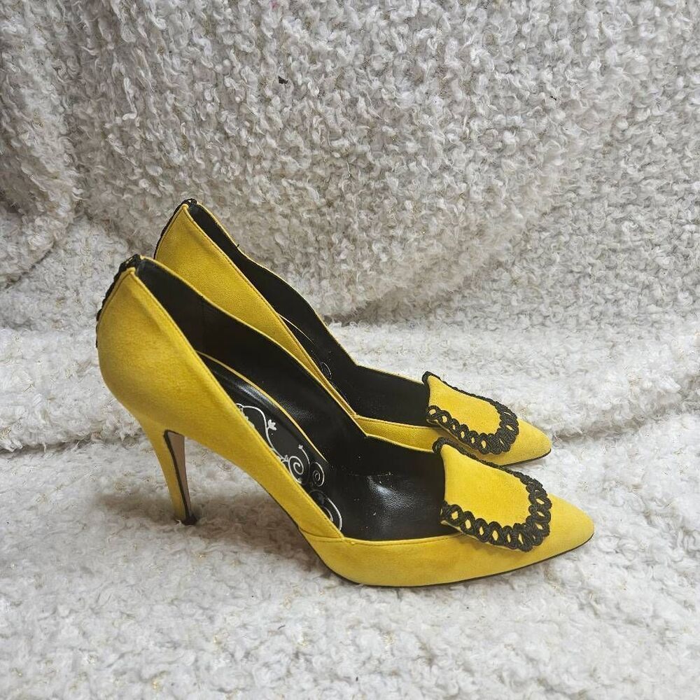 Tibi New York Firebird Yellow‎ and Black Suede Stiletto Pumps Womens sz 9.5